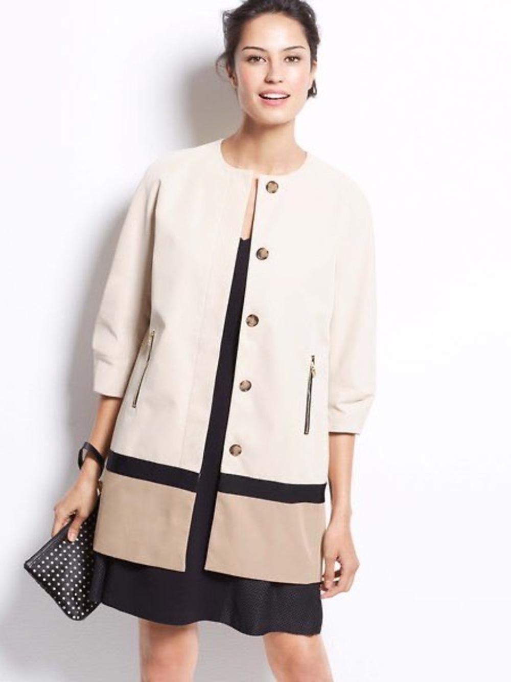 Ann Taylor Beige Colorblock Trench Coat with Black Trim